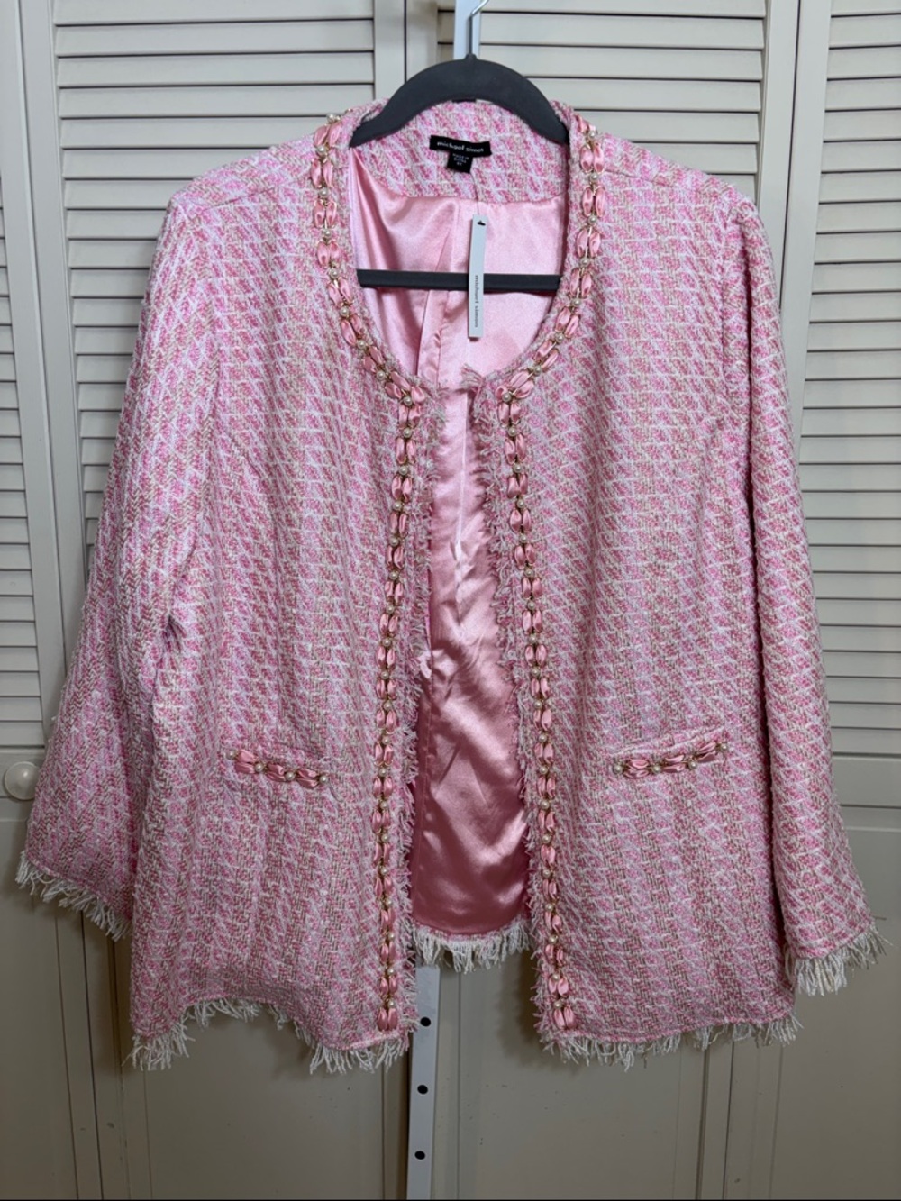 NWT Michael Simon Pink Tweed Ribbon & Pearls Fringe Jacket 3X - Picture 3 of 13